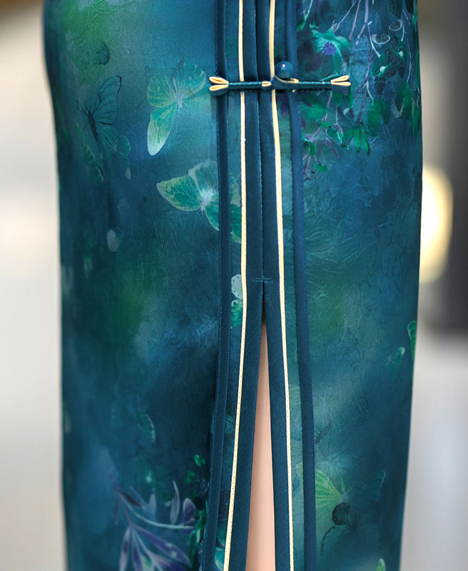 Blue Floral Print Silk Long Qipao Cheongsam Dress