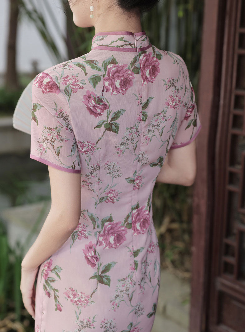 Summer Pink Floral Print Cheongsam Qipao Dress