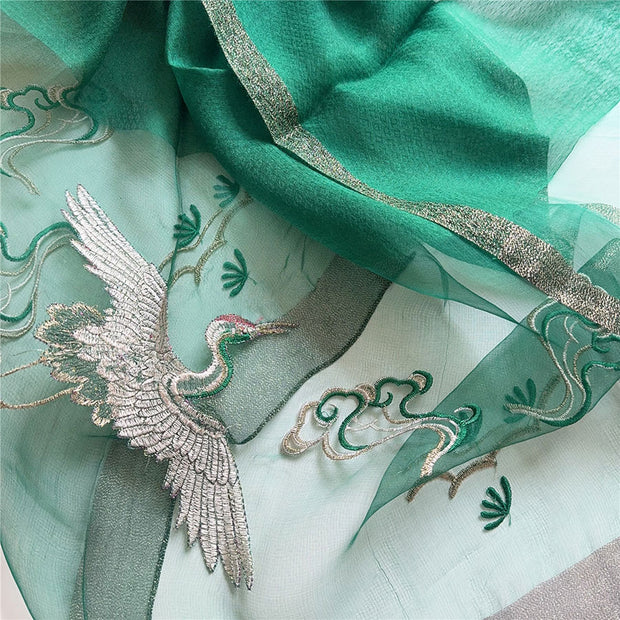 Embroidered Crane Bird Mulberry Silk Women Scarf Shawl