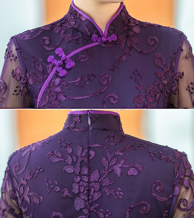 Purple Red Floral Velvet Qipao Cheongsam Dress