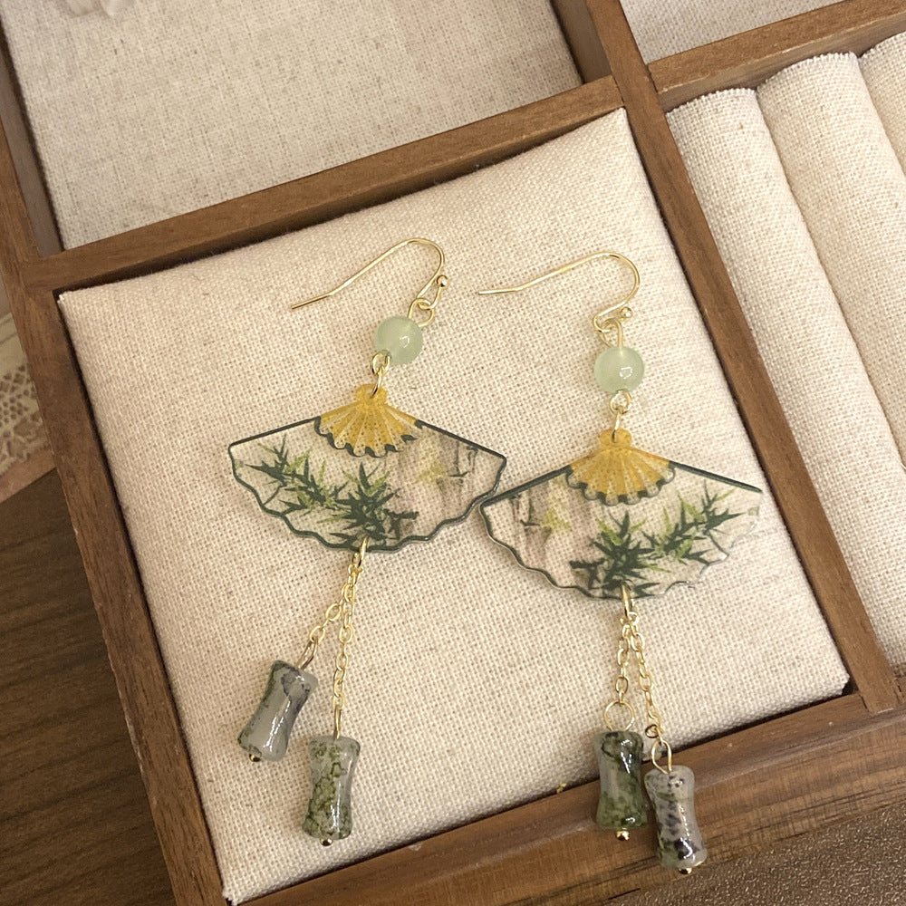 Bamboo Print Sector Dangle Drop Earrings