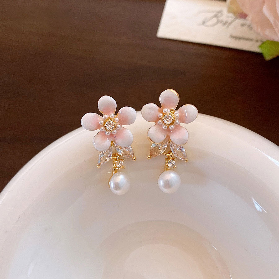 Zircon Flower Alloy Dangle Drop Earrings