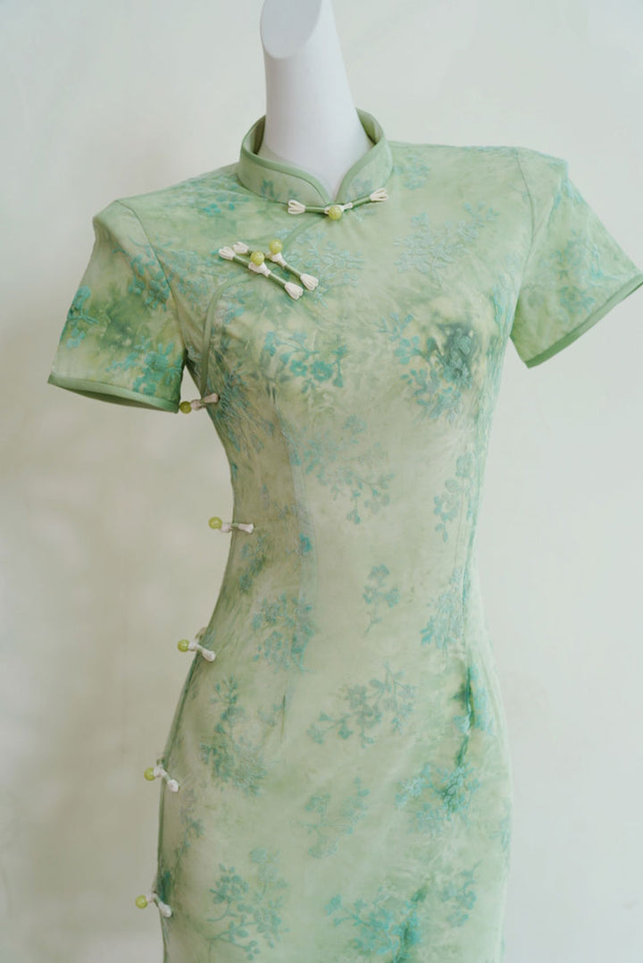 Pink Green Jacquard Velvet Cheongsam Qipao Dress