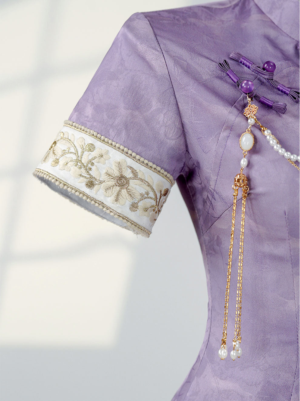 Purple Jacquard Floral Cheongsam Qipao Dress