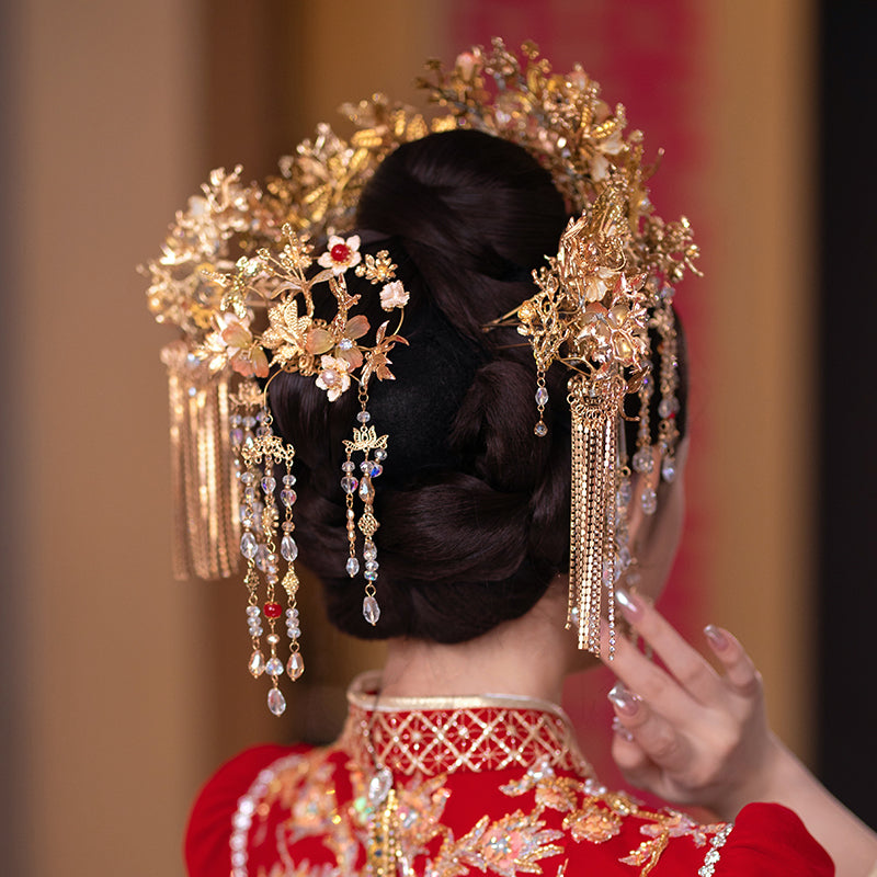 Vintage Gold Tone Tassels Bridal Hair Crown Pins & Earrings