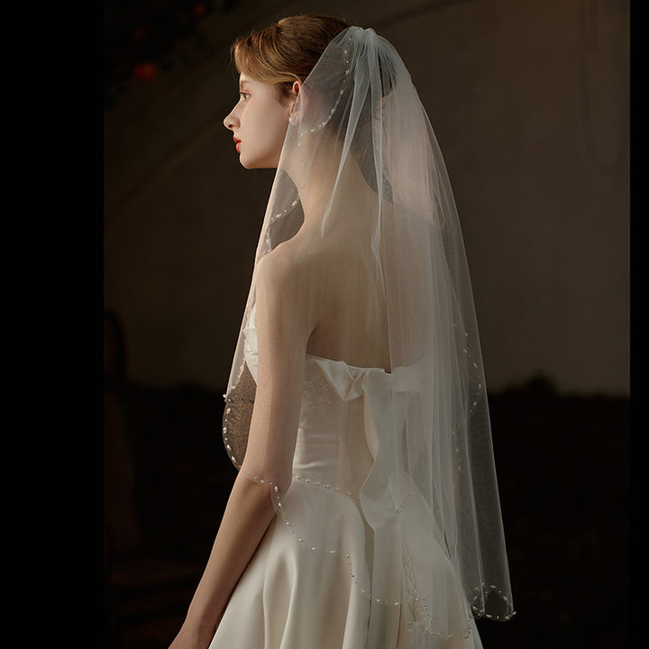 One Tier Tulle Wedding Bridal Pearls Veil With Comb
