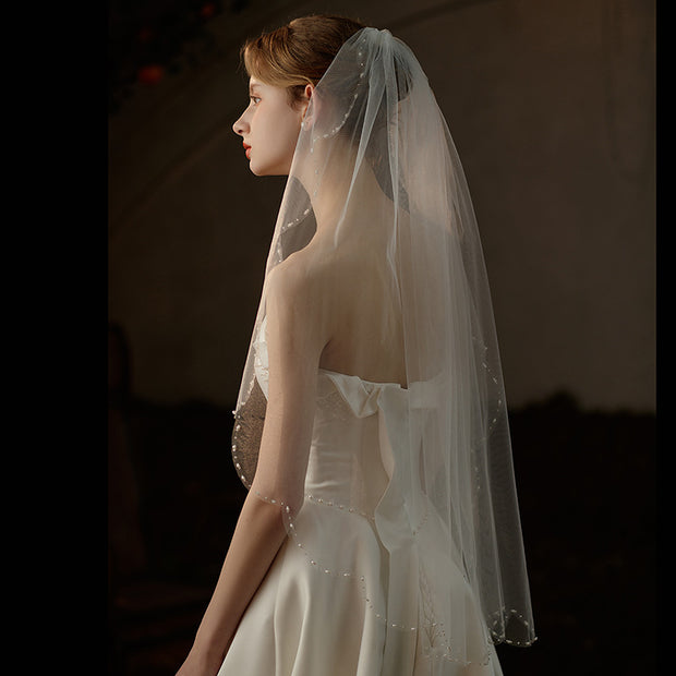 One Tier Tulle Wedding Bridal Pearls Veil With Comb