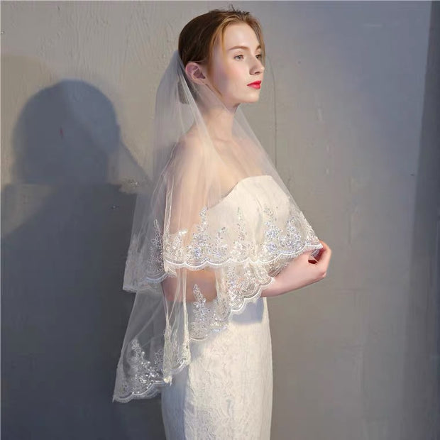 Two Tiers Wedding Bridal Sequined Lace Edge Veil With Comb