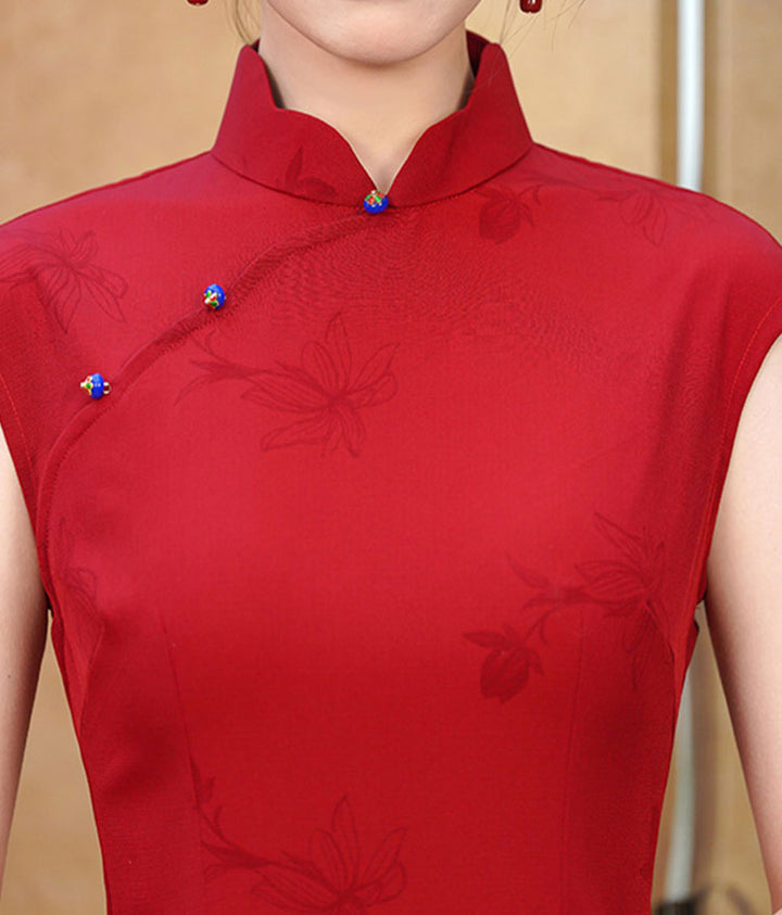 Red Floral Maxi Cheongsam Qipao Dress