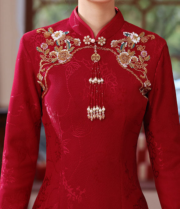 Red Fleece Long Sleeve Winter Wedding Bridal Cheongsam Qipao Dress