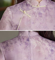 Purple Yellow Floral Print Cheongsam Qipao Dress