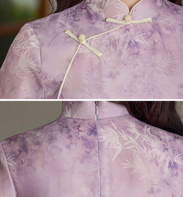 Purple Yellow Floral Print Cheongsam Qipao Dress