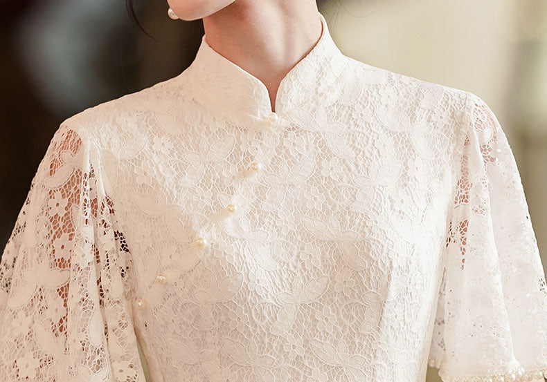 White Lace Split Flutter Sleeve Wedding Qipao Cheongsam Gown