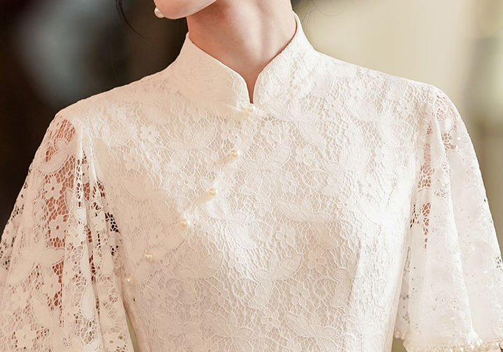 White Lace Split Flutter Sleeve Wedding Qipao Cheongsam Gown