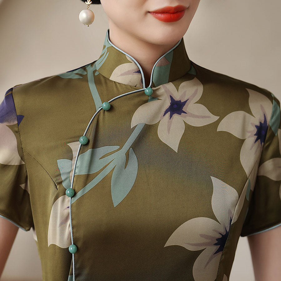 Green Floral A-line Mothers Qipao Cheongsam Dress