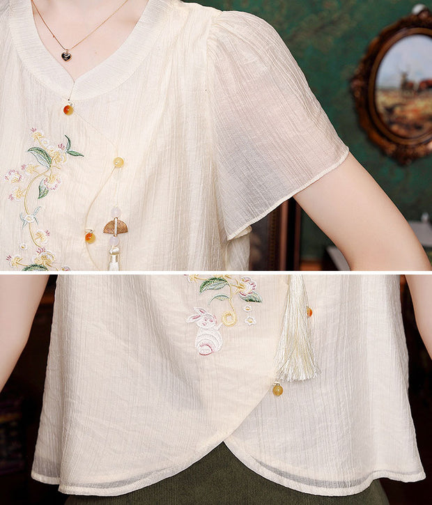 Embroidered Chiffon Asymmetric Hem Cheongsam Blouse Top