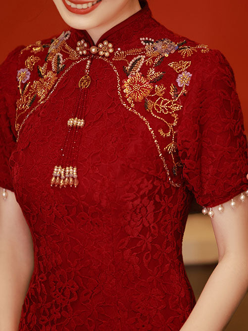 Burgundy Floral Lace Bridal Wedding Cheongsam Qipao Dress