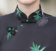 2023 Black Rose Print Chiffon Cheongsam Qipao Dress