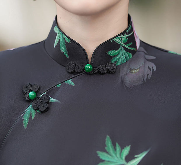 2023 Black Rose Print Chiffon Cheongsam Qipao Dress