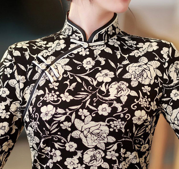 Color Block Floral Print Cheongsam Blouse Top