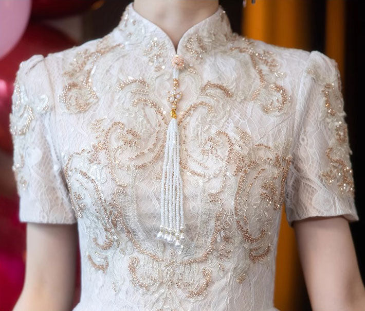 Floral Lace Midi A-line Engagement Cheongsam Qipao Dress