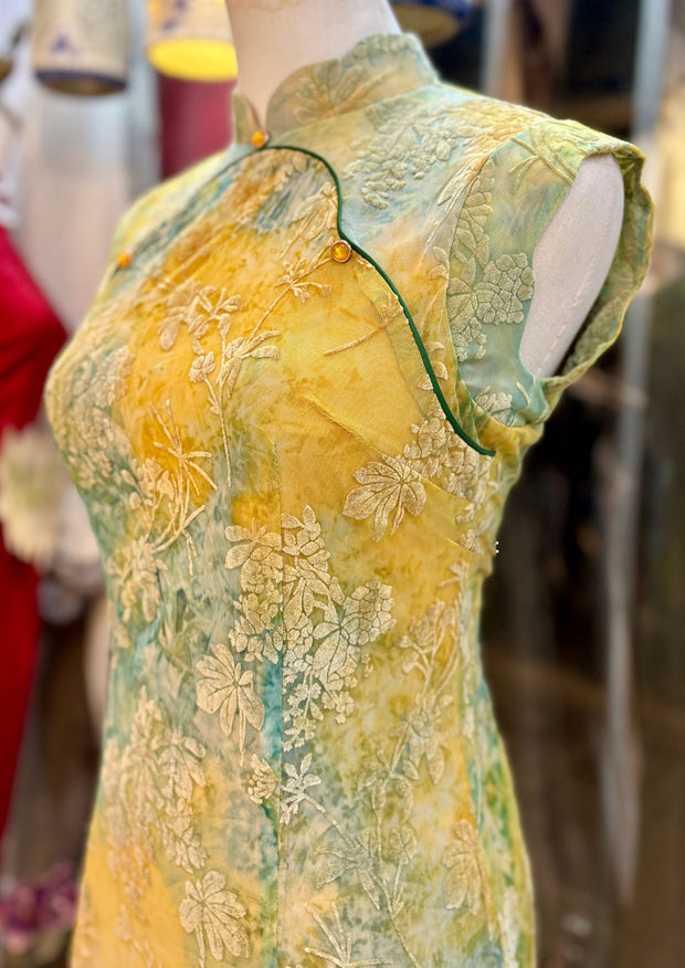 Green Pink Jacquard Floral Velvet Cheongsam Qipao Dress