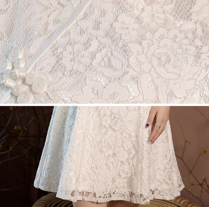 White Floral Lace Midi A-Line Cheongsam Qipao Dress