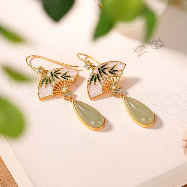 Rhinestone Sector Jade Dangle Drop Earrings