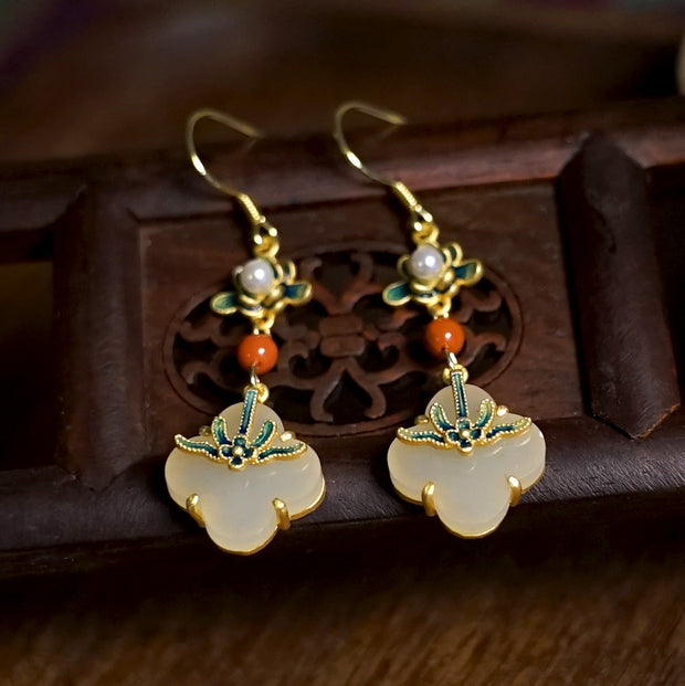 Gold Plated Flower Jade Drop Dangle Earrings