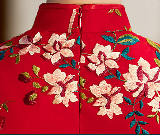 Red Embroidered Lace Midi QiPao Cheongsam Dress