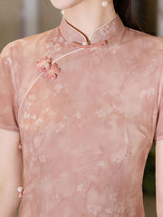 2025 Pink Floral Print Cheongsam Qipao Dress