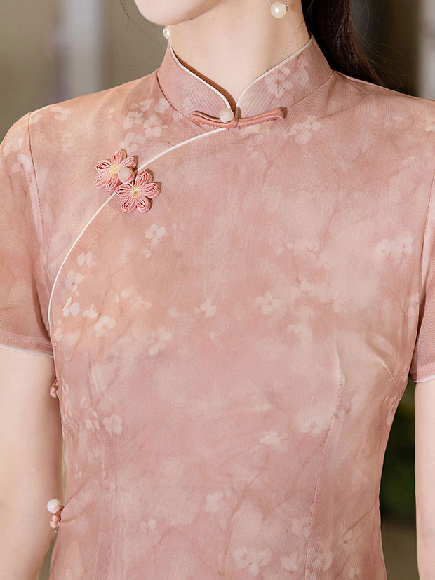 2025 Pink Floral Print Cheongsam Qipao Dress
