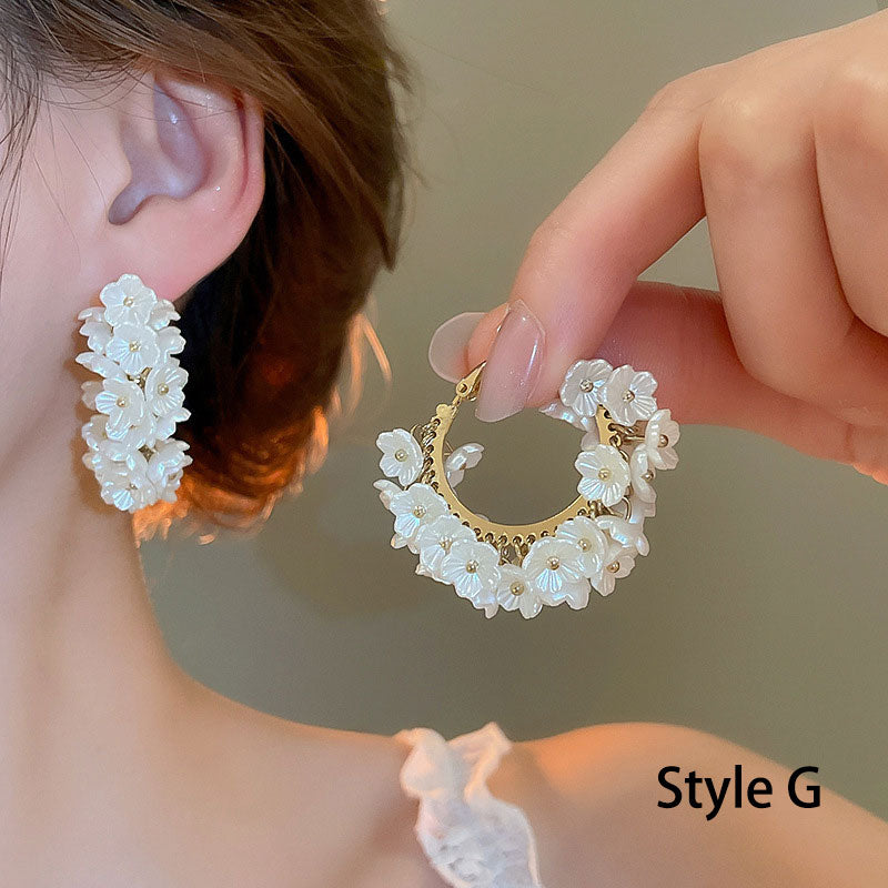 Shell Flower Ball Hoop Crystal Pearls Dangle Drop Earrings