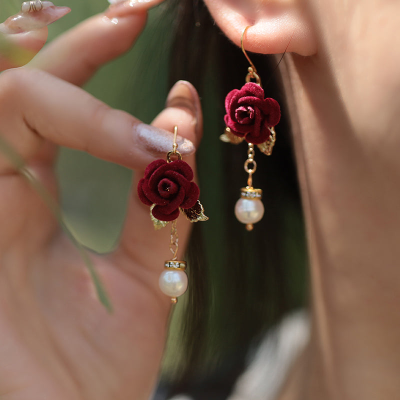 Gold Plated CZ Rose Red Flower & Purple Pearl Dangle Drop Earrings For Women