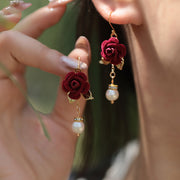 Red Fabric Rose Pearl Drop Dangle Earrings