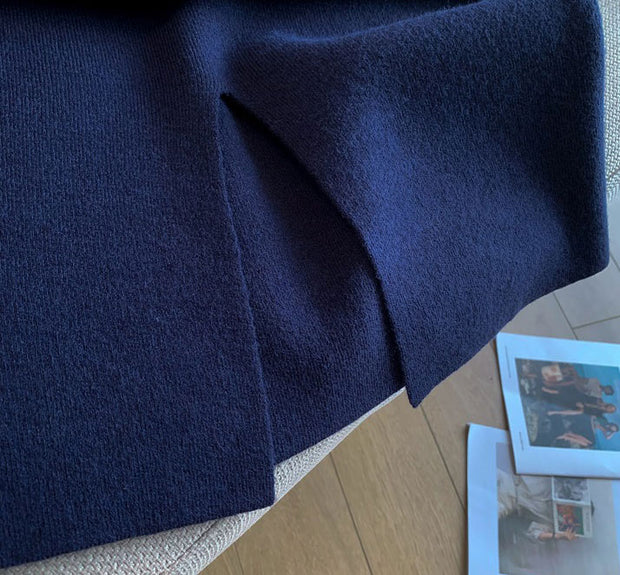 Blue Beige Knit Sweater & Midi Skirt Set