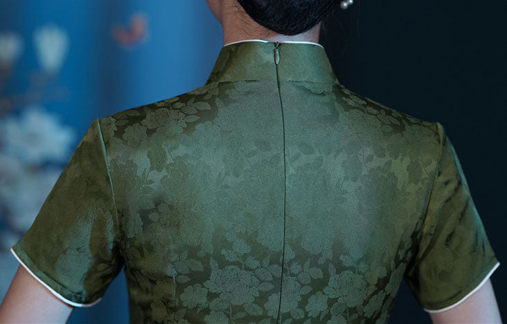 Green Jacquard Modern Midi Cheongsam Qipao Dress