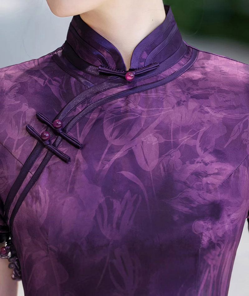 Purple Floral Print Silk Long Qipao Cheongsam Dress