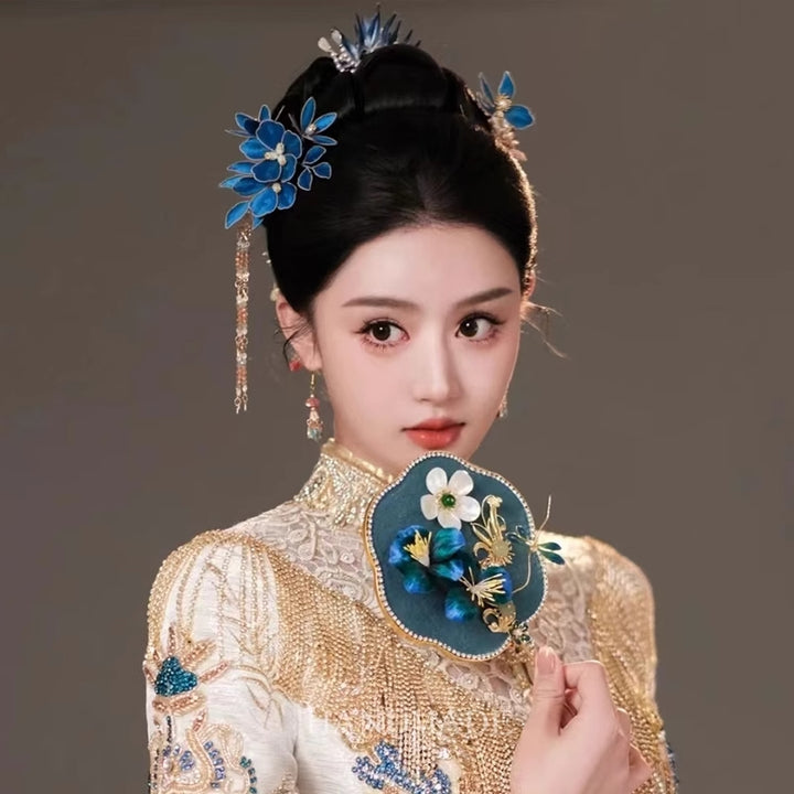 3 Pcs Blue Wedding Flower Hair Clips Pins & Earrings