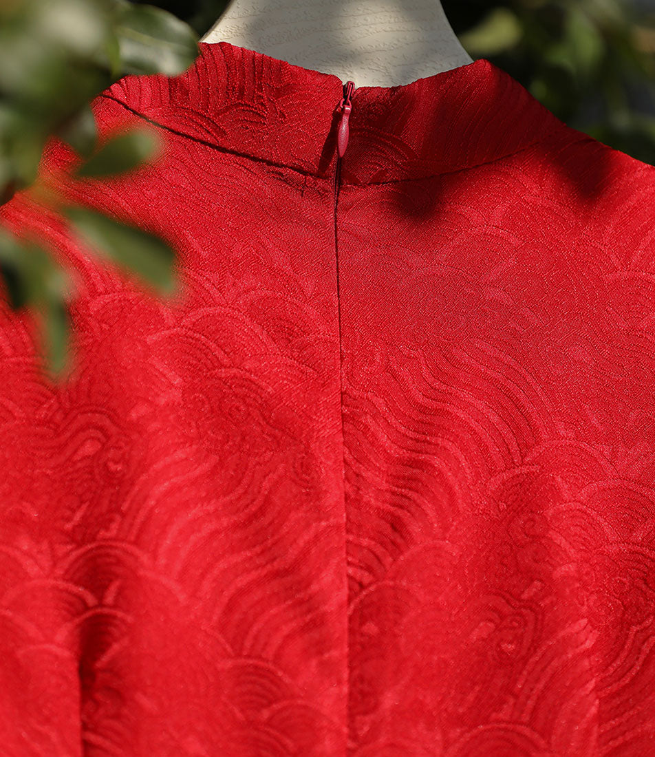 Red White Jacquard Long Cheongsam Qipao Dress