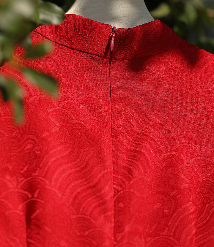 Red White Jacquard Long Cheongsam Qipao Dress