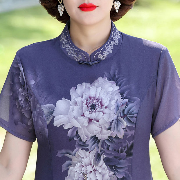 Purple Blue Mothers Floral Midi Qipao Cheongsam Dress