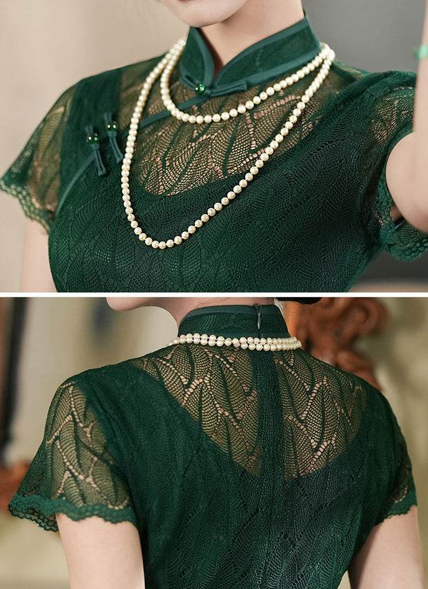 Green Lace Illusion Shoulder Cheongsam Qipao Dress