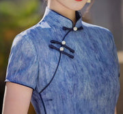 2025 Blue Printed Cheongsam Qipao Dress