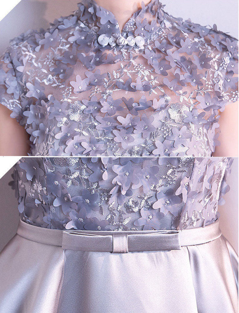 Gray Appliques Midi A-line Cheongsam Qipao Dress
