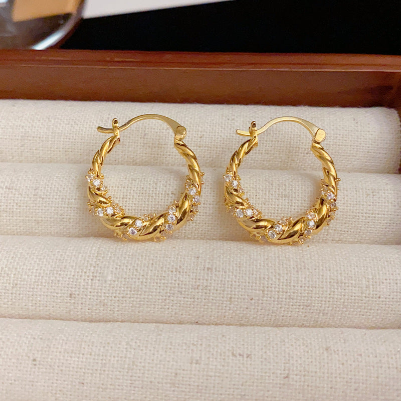 Gold Plated Zirconia Twisted Rope Rhinestone Hoop Earrings