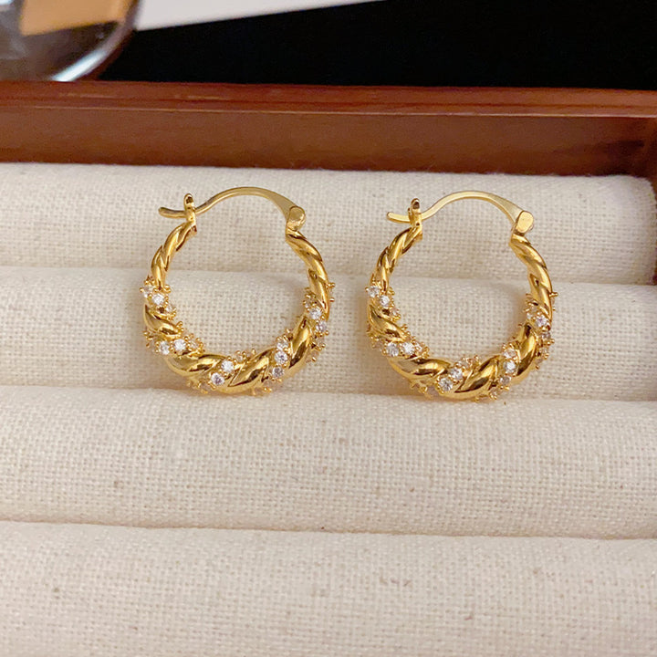 Gold Plated Zirconia Twisted Rope Rhinestone Hoop Earrings