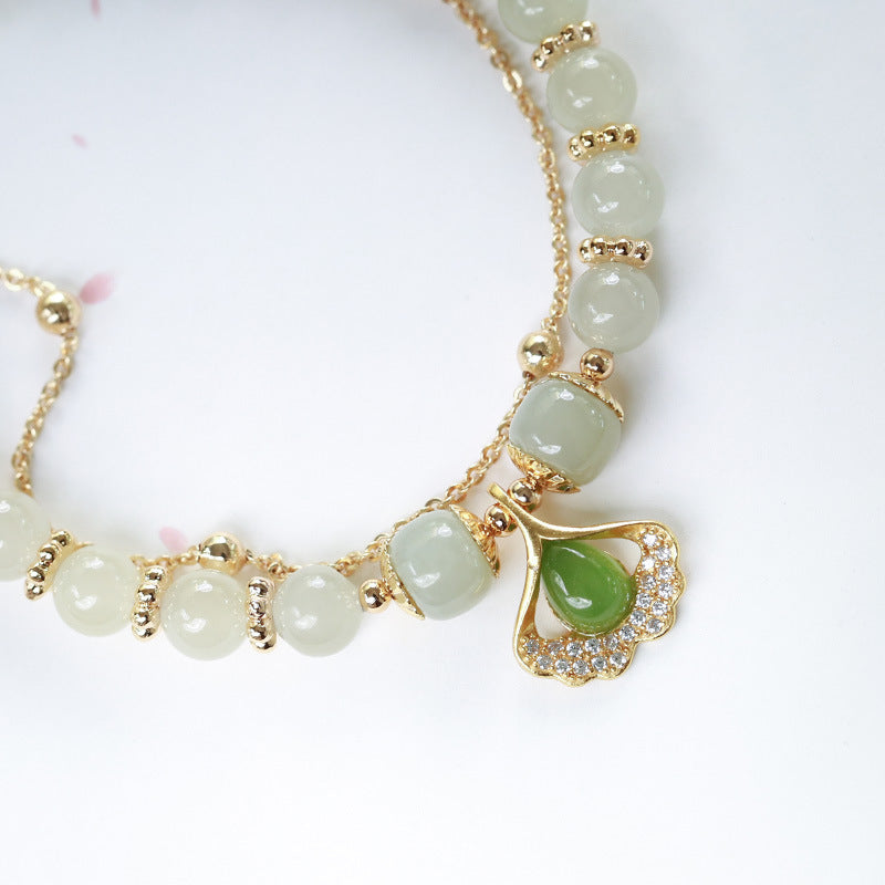 Jade Silver Ginkgo Leaf Pendant Beads Bracelets