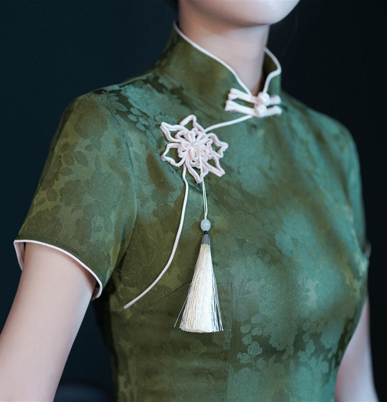 Green Jacquard Modern Midi Cheongsam Qipao Dress