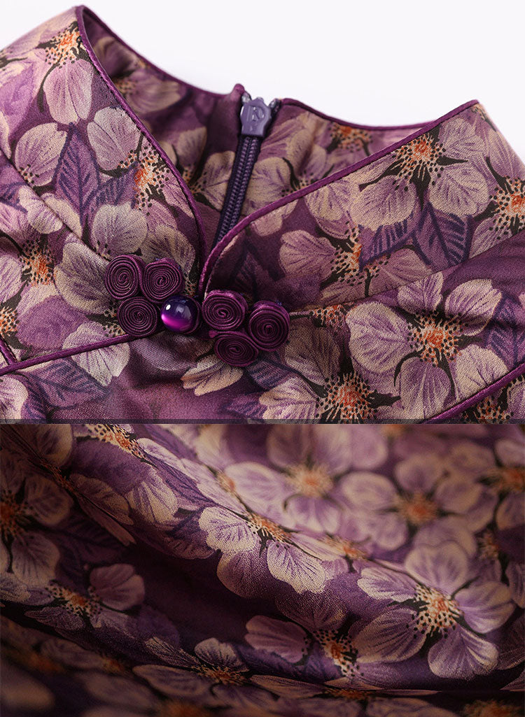 Purple Floral Print Mothers Cheongsam Qipao Dress